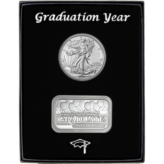 Graduation Year 2024 Silver Bar and Silver American Eagle 2pc Gift Set