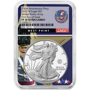 2025 W Silver American Eagle 250th US Army Privy Coin PF70 UC FDI NGC West Point Core 2025 W Silver American Eagle 250th US Army Privy Coin PF70 UC FDI NGC West Point Core