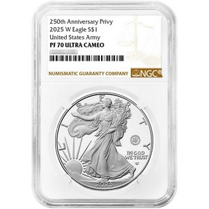2025 W Silver American Eagle 250th US Army Privy Coin PF70 UC NGC Brown label 2025 W Silver American Eagle 250th US Army Privy Coin PF70 UC NGC Brown label