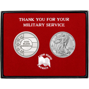 Military Service God Bless America Silver Medallion and Silver American Eagle 2pc Gift Set Military Service God Bless America Silver Medallion and Silver American Eagle 2pc Gift Set