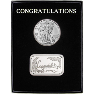 Congratulations Silver Bar and Silver American Eagle 2pc Gift Set Congratulations Silver Bar and Silver American Eagle 2pc Gift Set