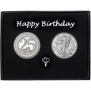 25 Years! Happy Birthday Silver Medallion and Silver American Eagle 2pc Gift Set 25 Years! Happy Birthday Silver Medallion and Silver American Eagle 2pc Gift Set
