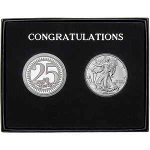 Congratulations 25 Years Silver Medallion and Silver American Eagle 2pc Gift Set Congratulations 25 Years Silver Medallion and Silver American Eagle 2pc Gift Set