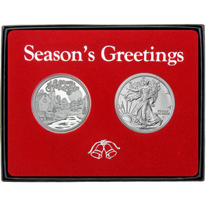 Season's Greetings Moonlit Creek Winter Farm Silver Medallion and Silver American Eagle 2pc Box Gift Set Season's Greetings Moonlit Creek Winter Farm Silver Medallion and Silver American Eagle 2pc Box Gift Set