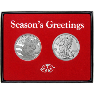 Season's Greetings Patriotic Santa Claus Silver Medallion and Silver American Eagle 2pc Box Gift Set Season's Greetings Patriotic Santa Claus Silver Medallion and Silver American Eagle 2pc Box Gift Set