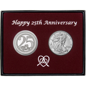 25th Anniversary Year Silver Medallion and Silver American Eagle 2pc Gift Set 25th Anniversary Year Silver Medallion and Silver American Eagle 2pc Gift Set
