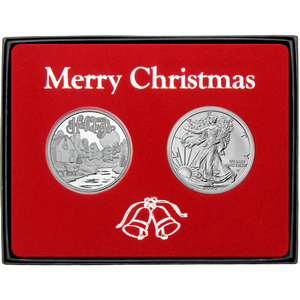 Merry Christmas Moonlit Creek Winter Farm Silver Medallion and Silver American Eagle 2pc Box Gift Set Merry Christmas Moonlit Creek Winter Farm Silver Medallion and Silver American Eagle 2pc Box Gift Set