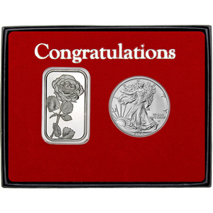 Congratulations Rose Silver Bar and Silver American Eagle 2pc Gift Set Congratulations Rose Silver Bar and Silver American Eagle 2pc Gift Set