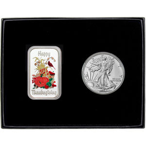 Happy Thanksgiving Harvest Enameled Silver Bar and Silver American Eagle 2pc Gift Set Happy Thanksgiving Harvest Enameled Silver Bar and Silver American Eagle 2pc Gift Set