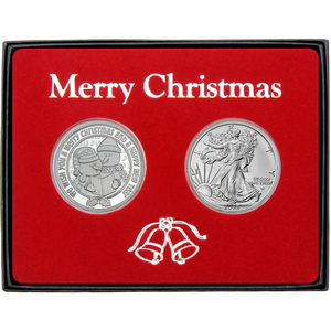 Merry Christmas Caroling Snowman Silver Medallion and Silver American Eagle 2pc Box Gift Set Merry Christmas Caroling Snowman Silver Medallion and Silver American Eagle 2pc Box Gift Set