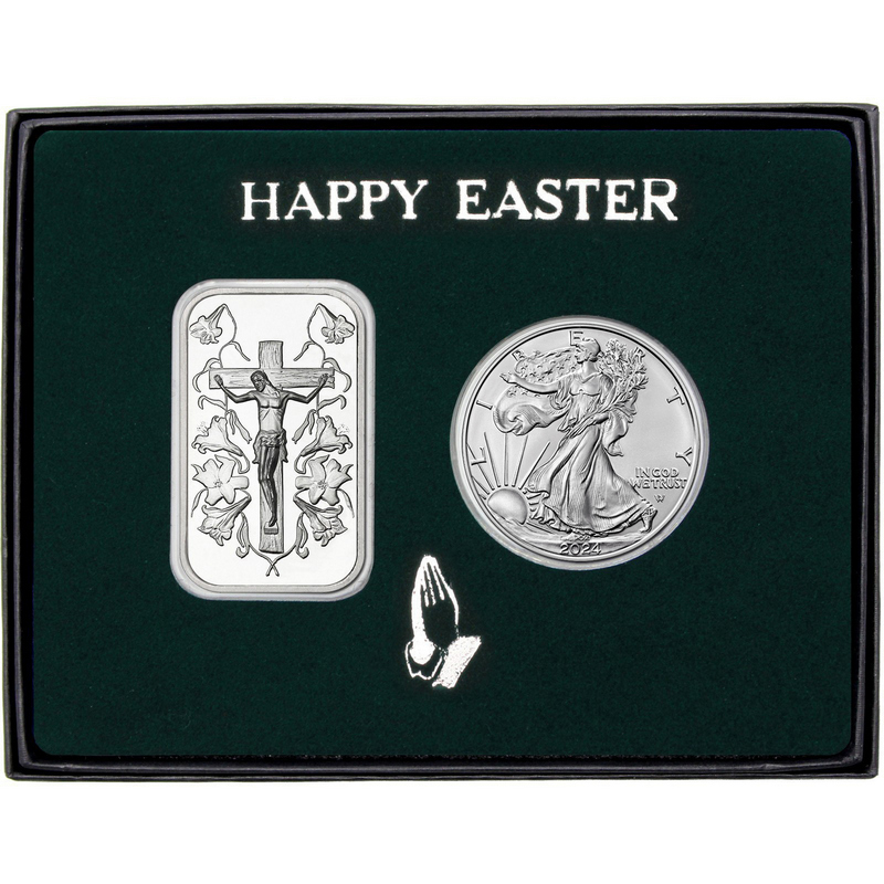 Easter Jesus on the Cross Gift Silver Bar 2pc Set