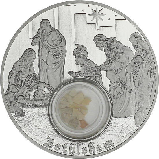 2018 Niue Silver In the Footsteps of Jesus: Bethlehem with Land/Rock from Town of Jesus' Birth 1oz Proof in OGP