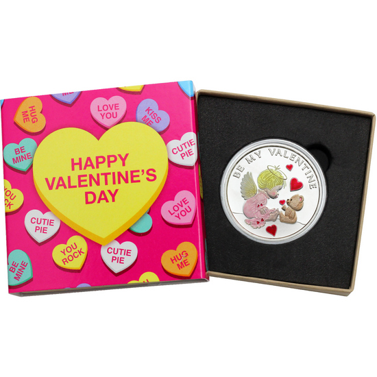 Be My Valentine Cupid and Teddy Bear 1oz .999 Silver Medallion Enameled in Gift Box