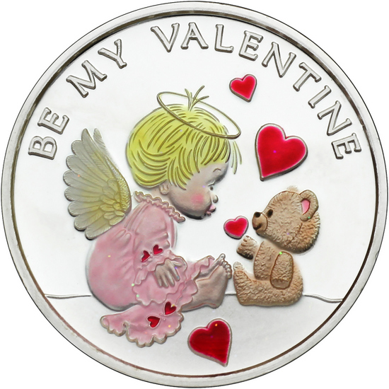 Be My Valentine Cupid and Teddy Bear 1oz .999 Silver Medallion Enameled in Gift Box