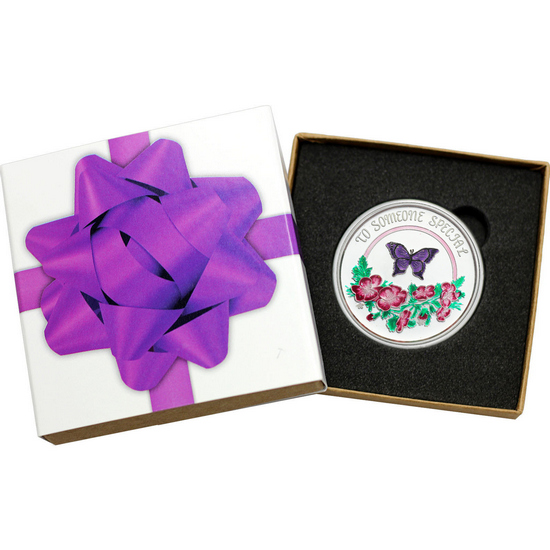 To Someone Special Butterfly and Pansy Flowers 1oz .999 Silver Medallion Enameled in Gift Box