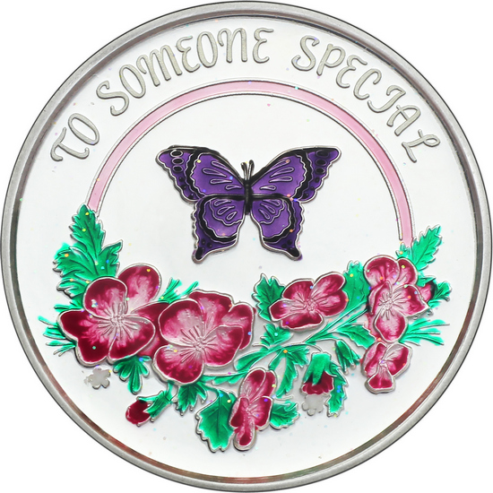 To Someone Special Butterfly and Pansy Flowers 1oz .999 Silver Medallion Enameled in Gift Box