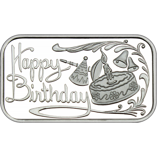 Happy Birthday Cake Celebration 1oz .999 Silver Bar Dated 2025 in Gift Box