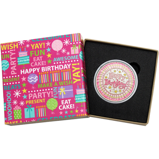 Happy Birthday Stripes 1oz .999 Silver Medallion Pink Glitter Enameled in Gift Box