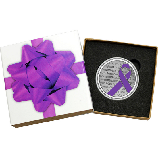 Purple Awareness Ribbon 1oz .999 Silver Medallion Enameled in Gift Box