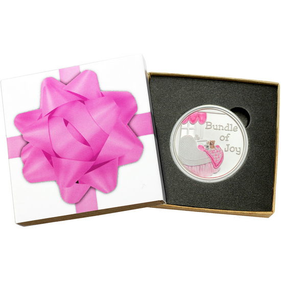 Welcome Baby Bundle of Joy 1oz .999 Silver Medallion Enameled Pink Dated 2024 in Gift Box