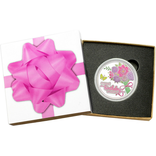 Sweet Birthday Wishes Flower Bouquet 1oz .999 Silver Medallion Enameled Dated 2025 in Gift Box