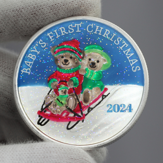 2024 Baby's First Christmas Sledding Bears 1oz .999 Silver Medallion Enameled in Gift Box