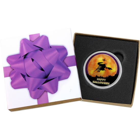 Happy Halloween Witch 1oz .999 Silver Medallion Enameled in Gift Box