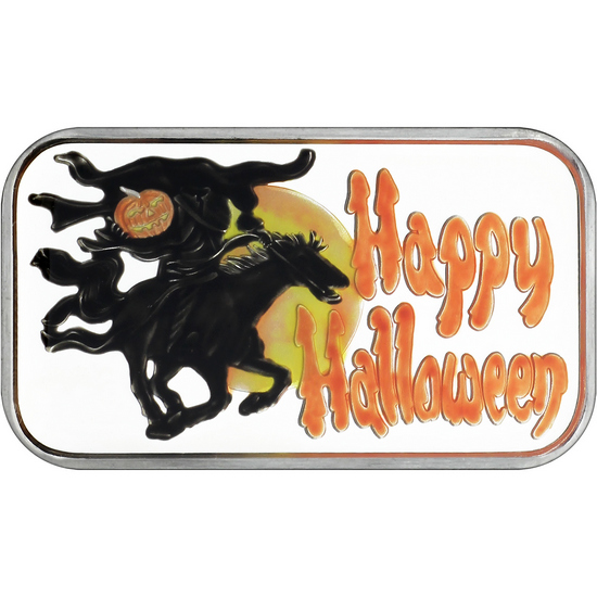 Happy Halloween Headless Horseman 1oz .999 Silver Bar Enameled in Gift Box