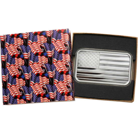 American Flag Engravable 5oz .999 Silver Bar in Gift Box