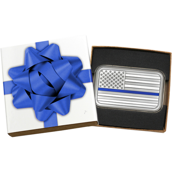 American Flag Blue Line 5oz .999 Silver Bar Enameled in Gift Box