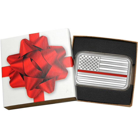 American Flag Red Line 5oz .999 Silver Bar Enameled in Gift Box