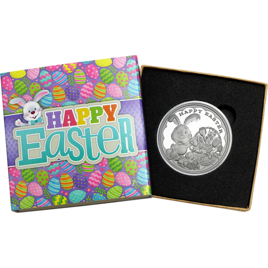 Happy Easter Bunny Rabbit Flower Basket 1oz .999 Silver Medallion Dated 2025 in Gift Box