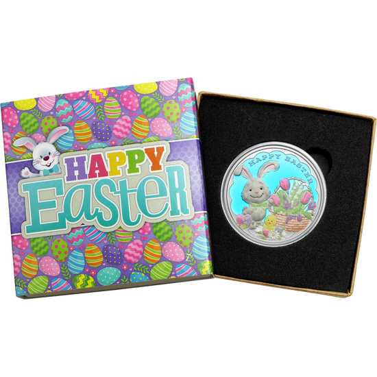 Happy Easter Bunny Rabbit Flower Basket 1oz .999 Silver Medallion Enameled Dated 2025 in Gift Box