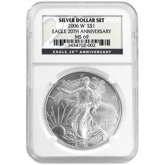 2006 W Silver American Eagle MS69 Burnished NGC 20th Anniversary Label