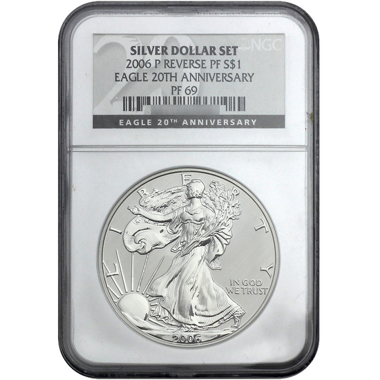 2006 P Silver American Eagle Rev PR69 NGC 20th Anniversary Label