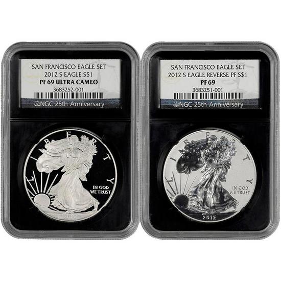 2012 S Silver American Eagle 2pc Set PF69 NGC Retro Holder Retro Label