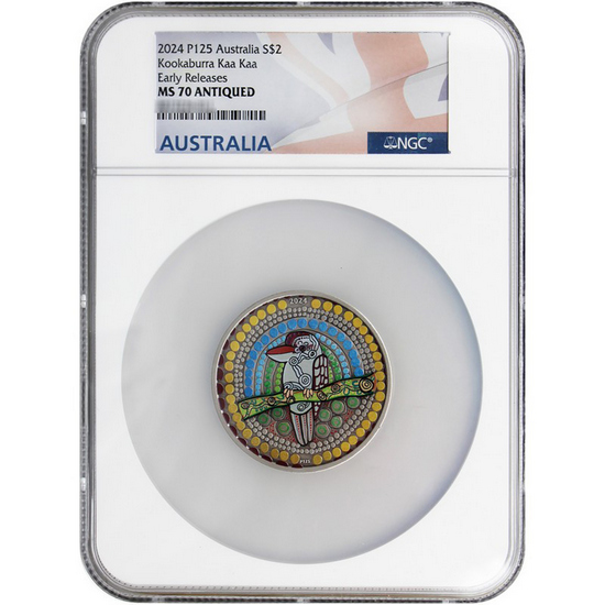 2024 P125 Australia Silver Kookaburra Kaa Kaa 2oz Antiqued Colored MS70 ER NGC Flag Label