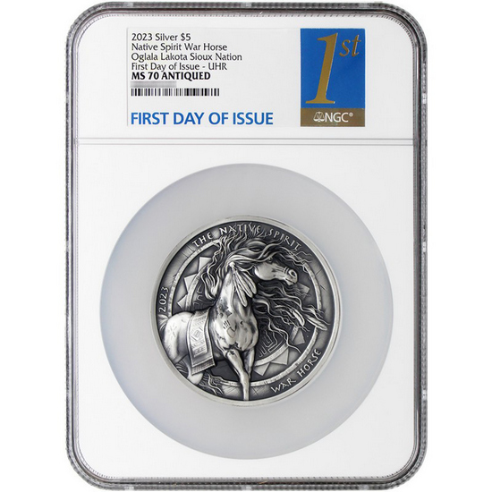 2023 Silver Native American Spirit Series: "War Horse" 5oz Antiqued Coin MS70 UHR FDI NGC 1st Label