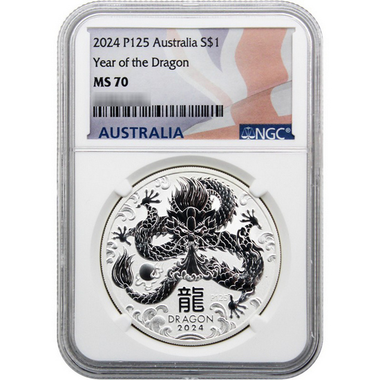 2024 P Australia Silver Year of the Dragon Lunar Series III 1oz Coin MS70 NGC Flag Label