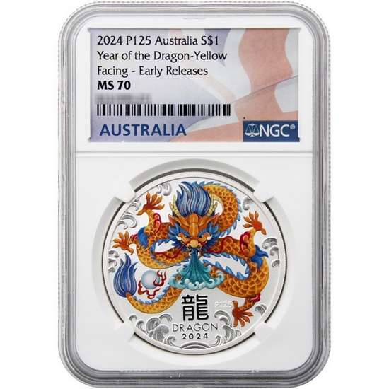 2024 P125 Australia Silver Year of the Dragon Yellow - Facing Lunar Series III 1oz Coin MS70 ER NGC Flag Label