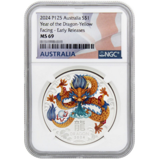 2024 P125 Australia Silver Year of the Dragon Yellow - Facing Lunar Series III 1oz Coin MS69 ER NGC Flag Label