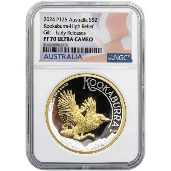 2024 P125 Australia Silver Kookaburra Incused 2oz HR Gilded PF70 UC ER NGC Flag Label