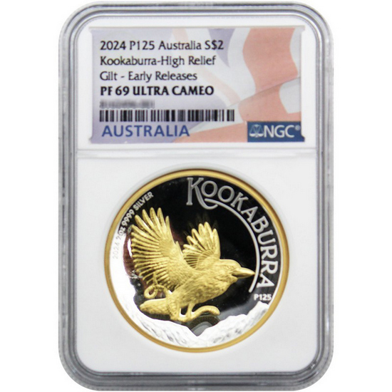 2024 P125 Australia Silver Kookaburra Incused 2oz HR Gilded PF69 UC ER NGC Flag Label