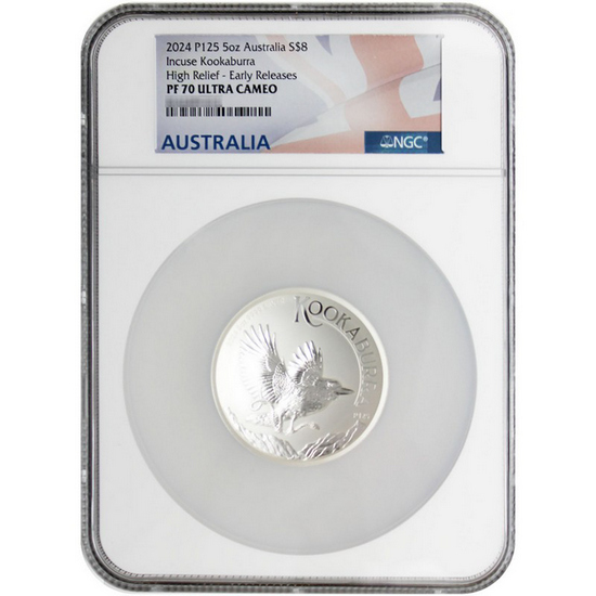 2024 P125 Australia Silver Kookaburra Incused 5oz High Relief PF70 UC ER NGC Flag Label