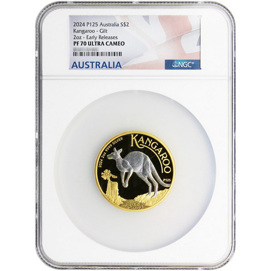 2024 P125 Australia Silver Kangaroo 2oz Rev Gilded Coin PF70 UC ER NGC Flag Label