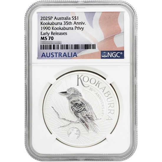 2025 P Australia Silver Kookaburra 35th Anniversary 1oz Coin MS70 ER NGC Flag Label