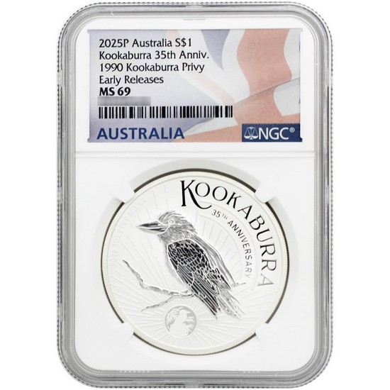 2025 P Australia Silver Kookaburra 35th Anniversary 1oz Coin MS69 ER NGC Flag Label