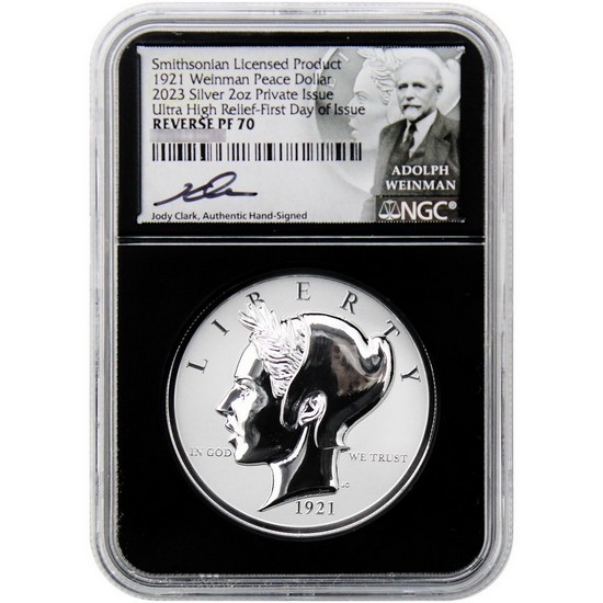 (2023) 1921 Weinman Peace Dollar 2oz Silver (Private Issue) UHR Reverse PF70 FDI NGC Jody Clark Signed Black Core