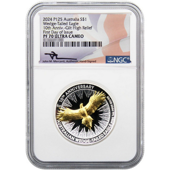 2024 P125 Australia Silver Wedge Tailed Eagle 1oz Gilded HR Coin PF70 UC FDI NGC Flag Label John Mercanti Signed