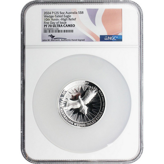 2024 P125 Australia Silver Wedge Tailed Eagle 5oz HR Coin PF70 UC FDI NGC Flag Label John Mercanti Signed